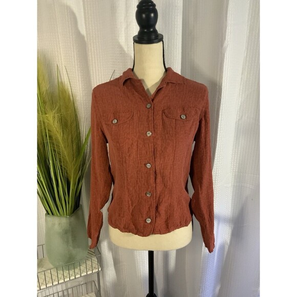 Chicos Women’s 0 US S 100% Silk Top Rust Geometric Long Sleeve Blouse - Picture 1 of 10